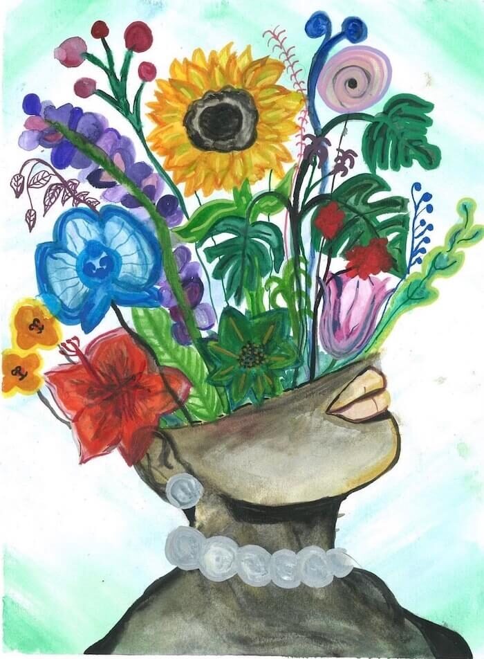 painting of flowers coming from head by therapist