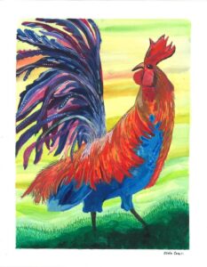 red and blue rooster painting by Stuart therapist