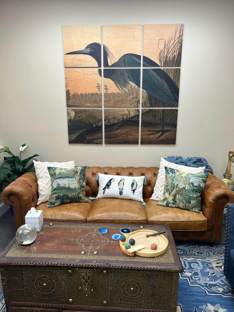 brown couch in therapist office with bird photo and brown chest